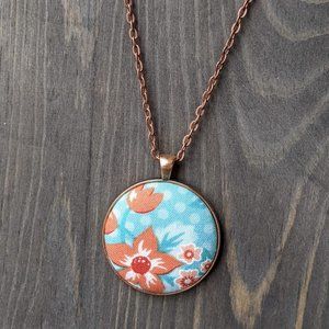 Fabric Cabochon Necklace with Coral & Blue Retro Floral Pattern